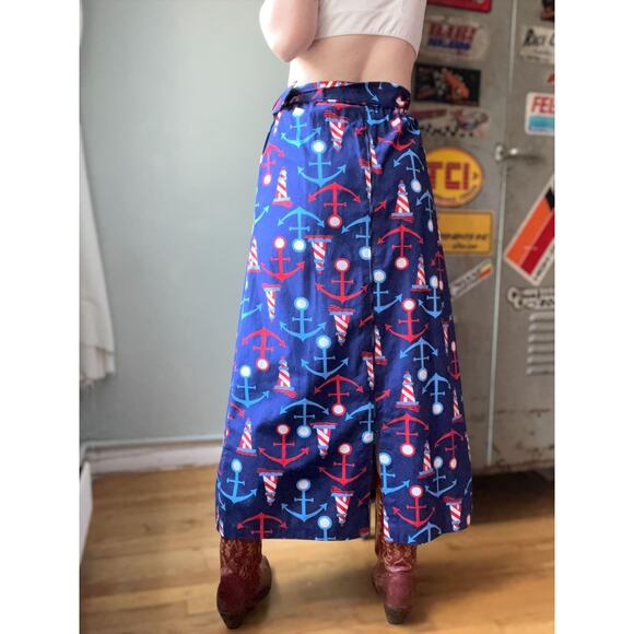 Vintage 60s Nautical Anchor Print Maxi Skirt | 1960s Red Blue Lighthouse A‑Line - Picture 2 of 8